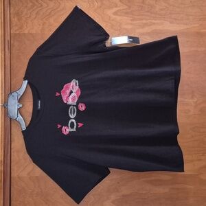 Bebe Women's Rhinestone Logo Black Tee with Pink/Red Heart and Lips Details